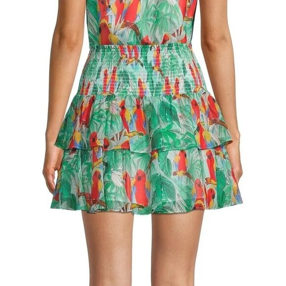 MILLY Wyatt Parrot Print Tiered Ruffled Mini Skirt Green Multi Lined NWT Size 4 - Picture 7 of 9